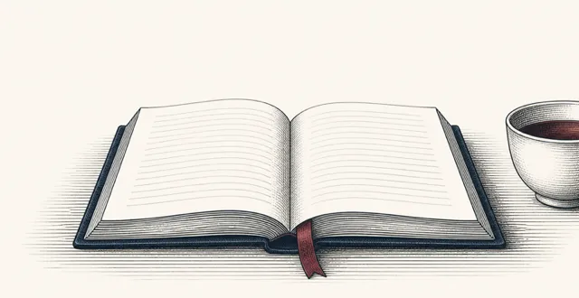 An open book with a ribbon marker, a cup of tea beside it